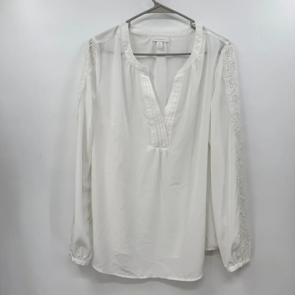 Charter Club White Blouse XL Long Sleeve Sheer Pleated‎ V Neck Lace Trim Women's